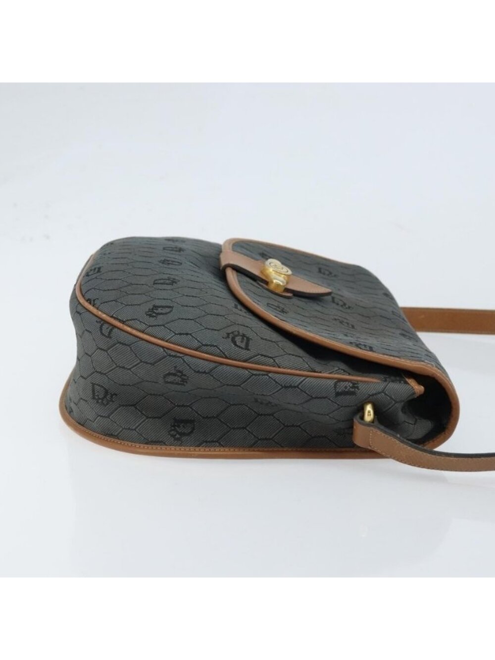 Authentic Christian Dior Honeycomb Canvas Shoulder Bag Black Gold - Picture 10 of 16